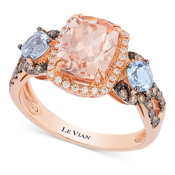 Le Vian Jewelry - Le Vian Chocolatier Peach Morganite, Aquamarine, Diamond Ring in 14K Rose Gold
